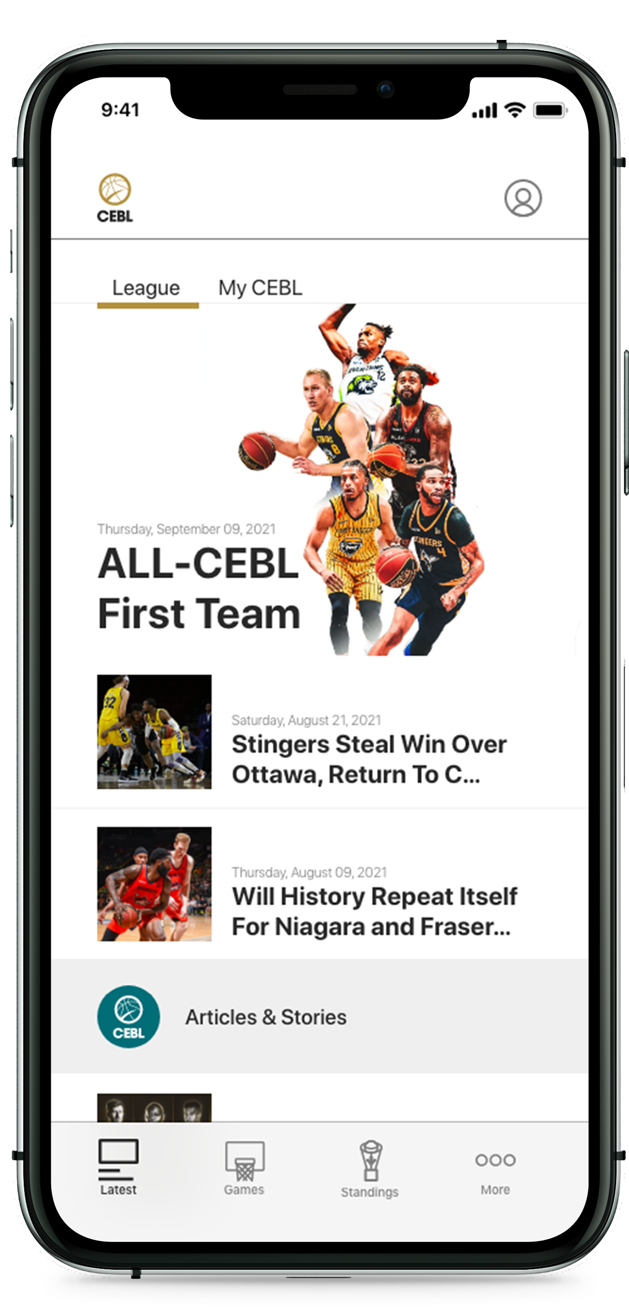 Home screen of the CEBL app